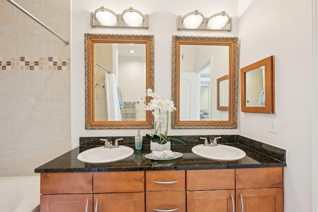 bathroom with vanity and plus walk in shower