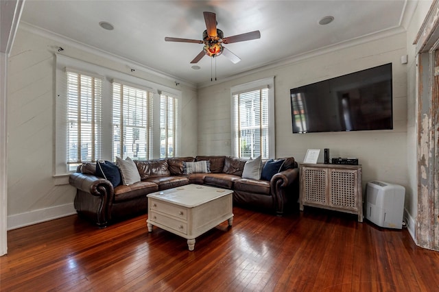 living room with crown molding, dark wood-type flooring, and ceiling fan