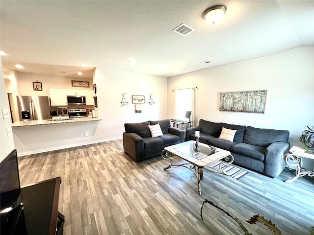 living room with vaulted ceiling and light hardwood / wood-style floors