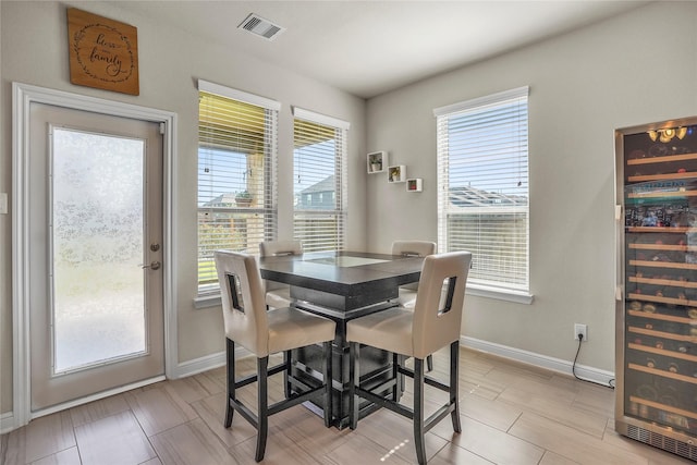 dining space with wine cooler