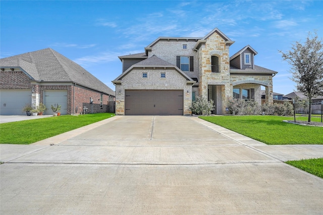 french provincial home with a garage and a front lawn