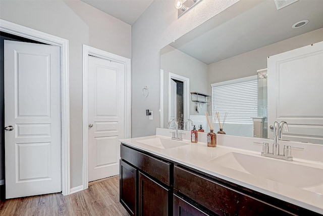 bathroom with vanity and wood-type flooring