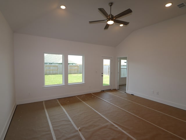 unfurnished room with recessed lighting, baseboards, visible vents, and ceiling fan