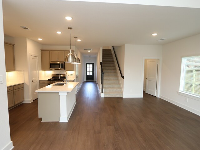 17322 Silver Birch Ct, New Caney, TX 77357 - kitchen with stainless steel appliances, dark wood-type flooring, recessed lighting, baseboards, and light countertops