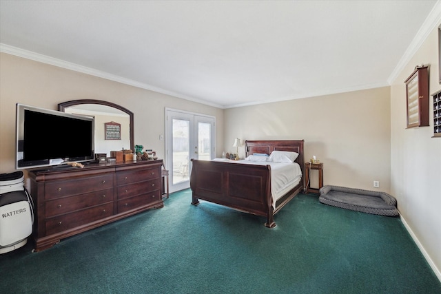 carpeted bedroom featuring french doors, ornamental molding, and access to outside