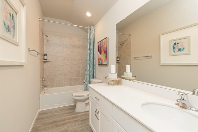 full bathroom with shower / bath combination with curtain, vanity, toilet, and hardwood / wood-style floors