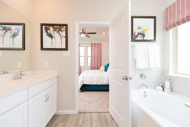 bathroom featuring hardwood / wood-style floors, vanity, a wealth of natural light, and a bathtub