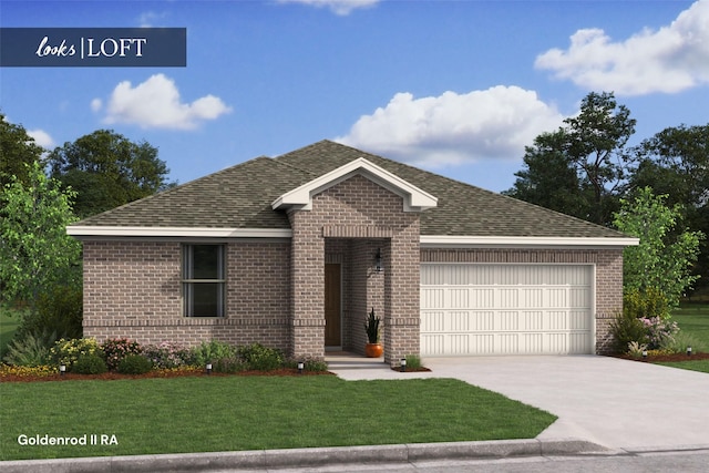 ranch-style house featuring driveway, brick siding, roof with shingles, and an attached garage