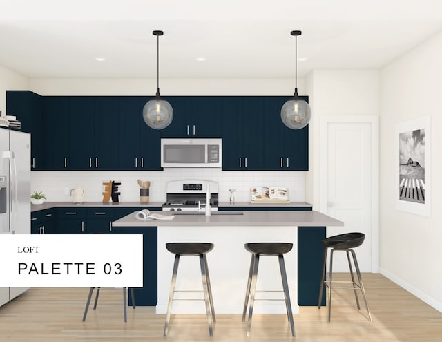 kitchen featuring light countertops, white appliances, a breakfast bar, and decorative backsplash