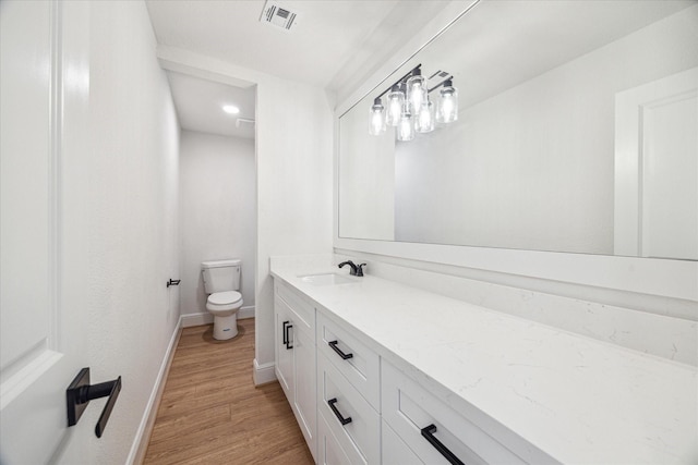 bathroom with wood-type flooring, vanity, and toilet