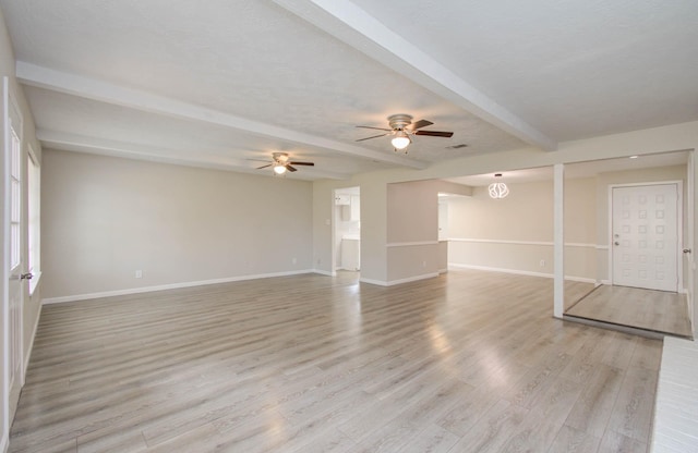 unfurnished living room with ceiling fan, beam ceiling, a textured ceiling, and light wood-type flooring