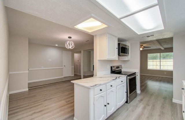 kitchen featuring white cabinetry, light wood-type flooring, appliances with stainless steel finishes, kitchen peninsula, and pendant lighting