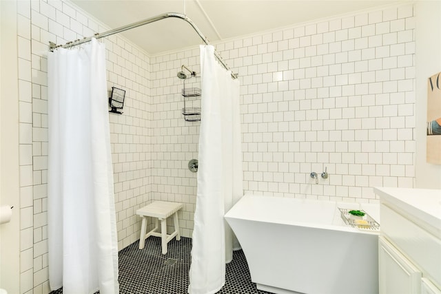 bathroom featuring tile walls, tile patterned flooring, and shower / bath combo