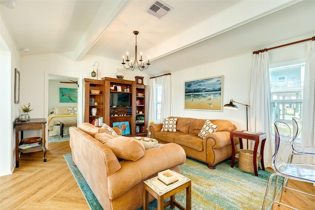 living room featuring light parquet floors, a healthy amount of sunlight, a chandelier, and lofted ceiling with beams