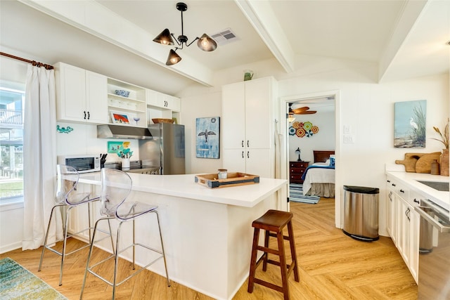 kitchen with pendant lighting, a breakfast bar area, appliances with stainless steel finishes, white cabinets, and kitchen peninsula