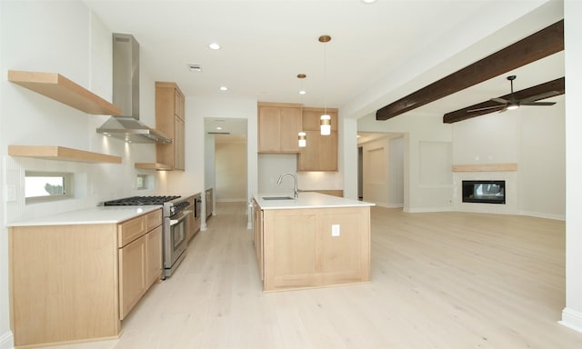 kitchen featuring sink, decorative light fixtures, ventilation hood, stainless steel stove, and a kitchen island with sink