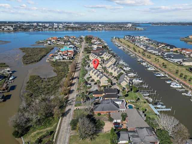 bird's eye view with a water view