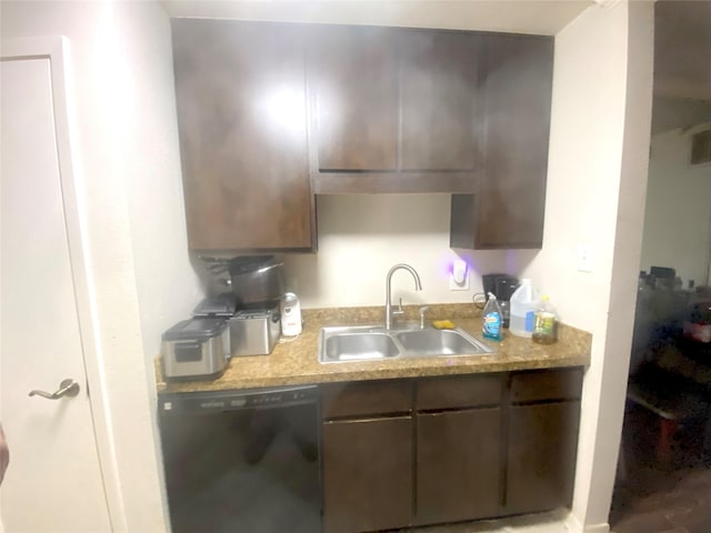 kitchen featuring dark brown cabinetry, dishwasher, and sink