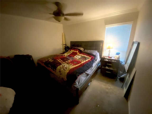 bedroom with crown molding and ceiling fan