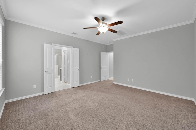 unfurnished bedroom with light carpet, ornamental molding, and ceiling fan