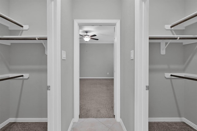 walk in closet with ceiling fan and light carpet