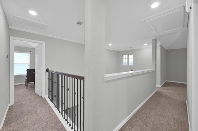 hallway featuring light carpet and ornamental molding