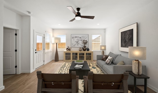 living room with wood-type flooring and ceiling fan