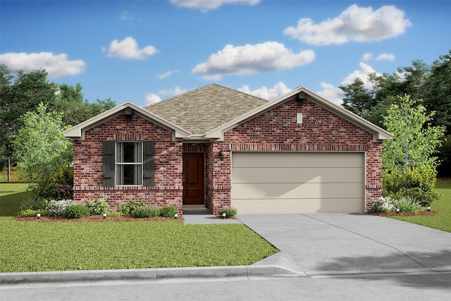 view of front of property with a garage and a front lawn