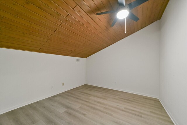 bonus room featuring lofted ceiling, wood ceiling, ceiling fan, and light wood-type flooring