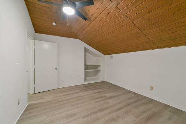 bonus room featuring lofted ceiling, wooden ceiling, light wood-type flooring, and built in shelves