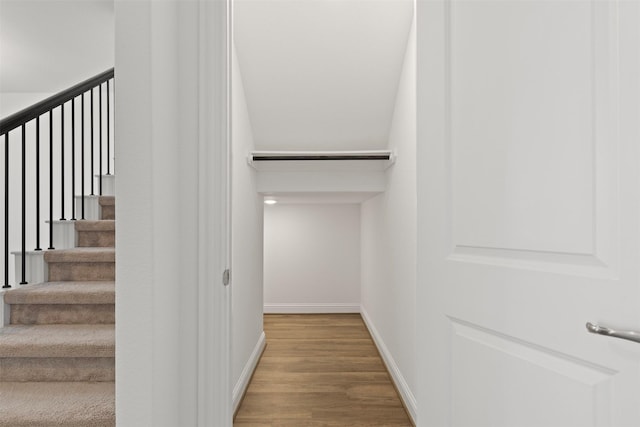 stairway with hardwood / wood-style floors