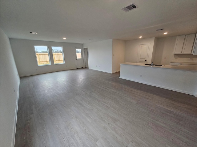 unfurnished living room with wood-type flooring and sink