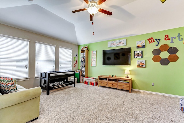 carpeted living room with lofted ceiling and ceiling fan