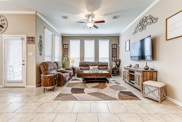 tiled living room with crown molding and ceiling fan