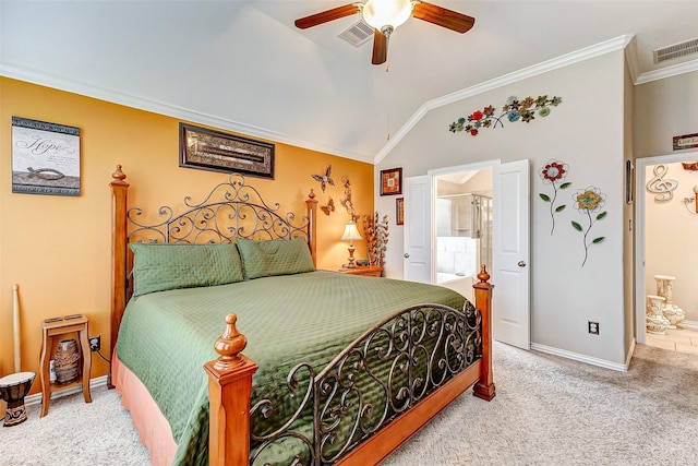 bedroom with connected bathroom, crown molding, vaulted ceiling, carpet flooring, and ceiling fan