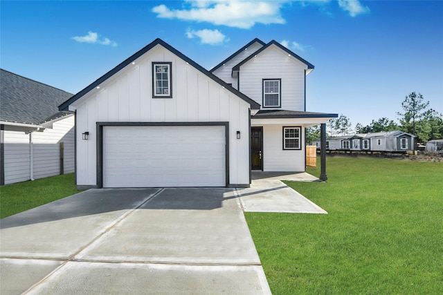 modern farmhouse style home with a garage and a front lawn