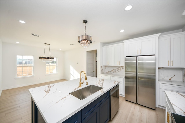 kitchen with white cabinetry, stainless steel appliances, a kitchen island with sink, and sink