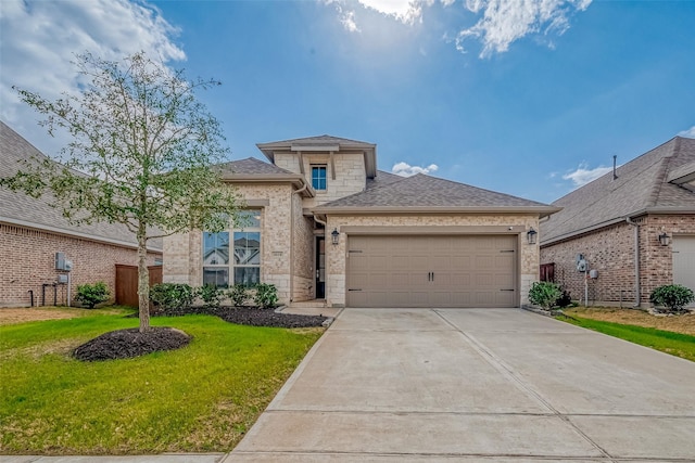 view of front facade featuring a garage, concrete driveway, stone siding, roof with shingles, and a front lawn