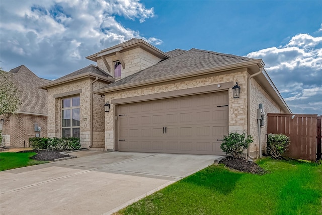 view of front facade with a shingled roof, concrete driveway, fence, and a garage