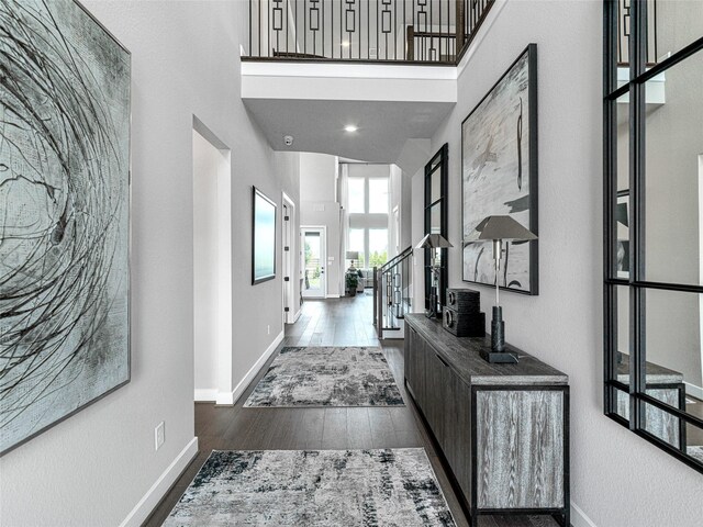 foyer with dark wood-type flooring and a towering ceiling