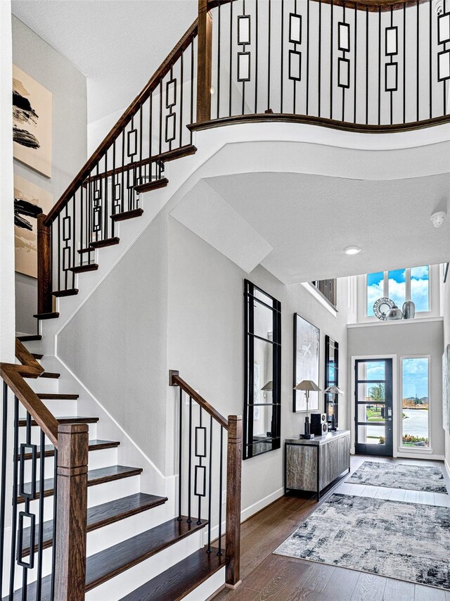 entryway with a towering ceiling and dark hardwood / wood-style floors