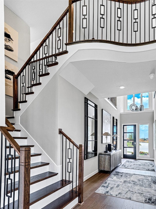 foyer entrance featuring dark wood-type flooring and a high ceiling