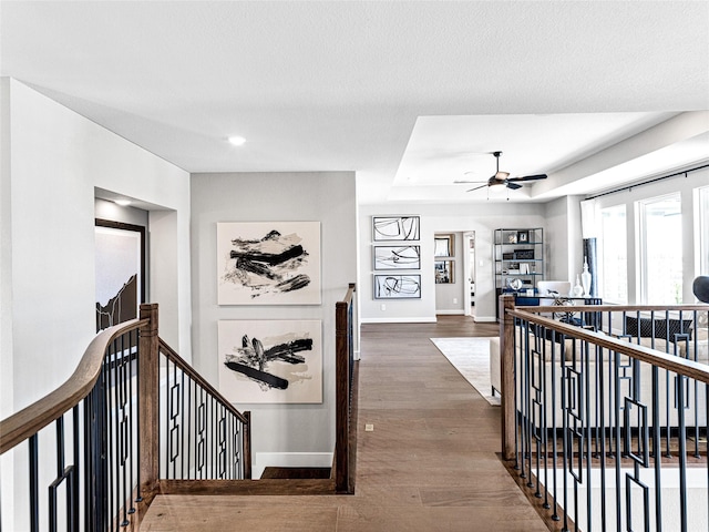 hall featuring a tray ceiling and dark hardwood / wood-style floors