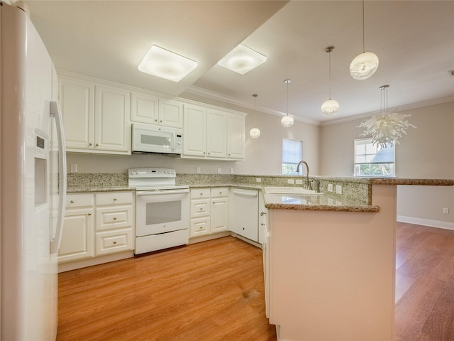 kitchen featuring pendant lighting, sink, white appliances, white cabinets, and kitchen peninsula