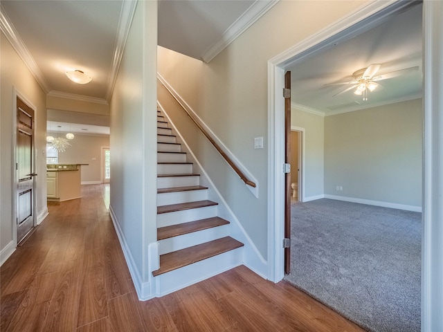 staircase with ornamental molding, wood-type flooring, and ceiling fan