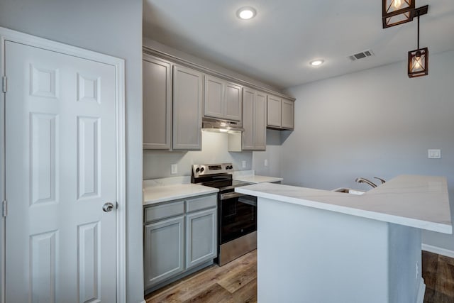 kitchen with electric stove, gray cabinets, wood-type flooring, an island with sink, and decorative light fixtures