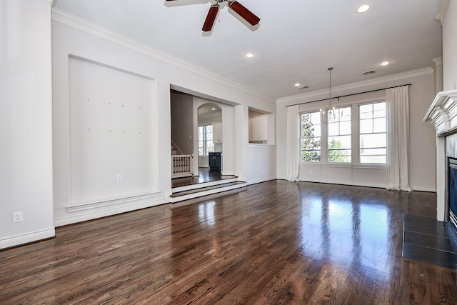 unfurnished living room with ornamental molding, dark hardwood / wood-style floors, and ceiling fan