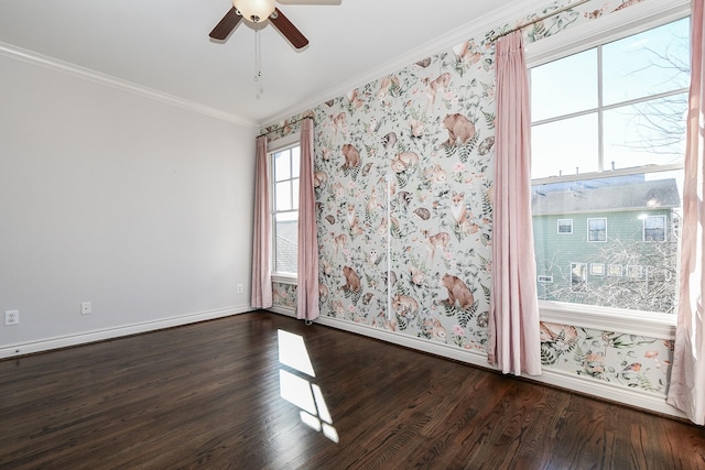 unfurnished room with dark hardwood / wood-style flooring, crown molding, and ceiling fan