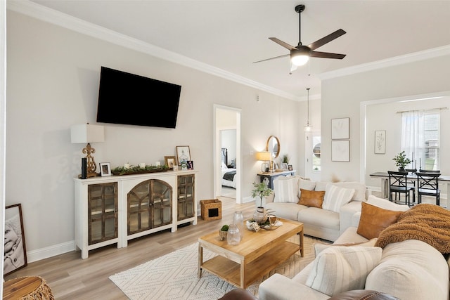 living room with ceiling fan, ornamental molding, and light hardwood / wood-style flooring