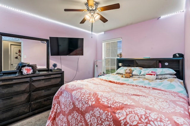 carpeted bedroom with ceiling fan